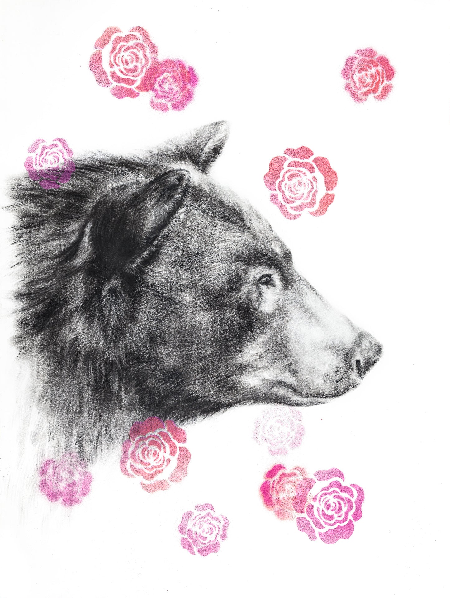PRINT REPRODUCTION OF "BEAR WITH ROSES" CHARCOAL