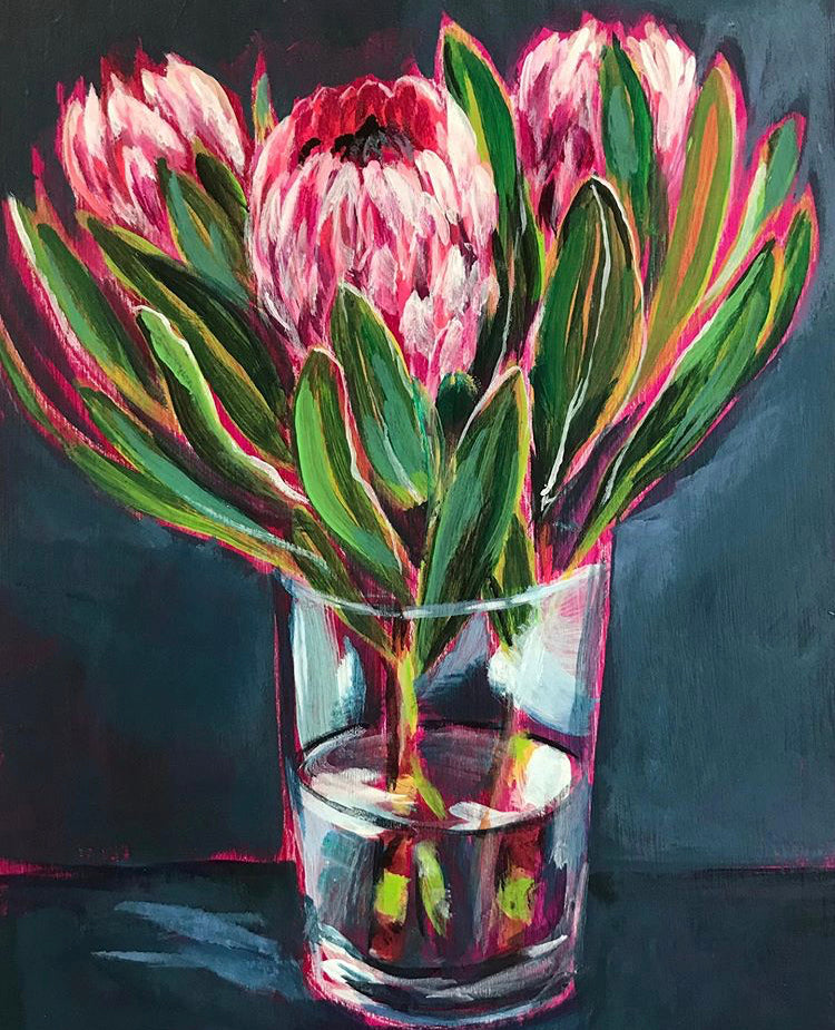VASE OF PROTEA | 8X6 | ORIGINAL ACRYLIC PAINTING ON WOOD | Item number 19-74P