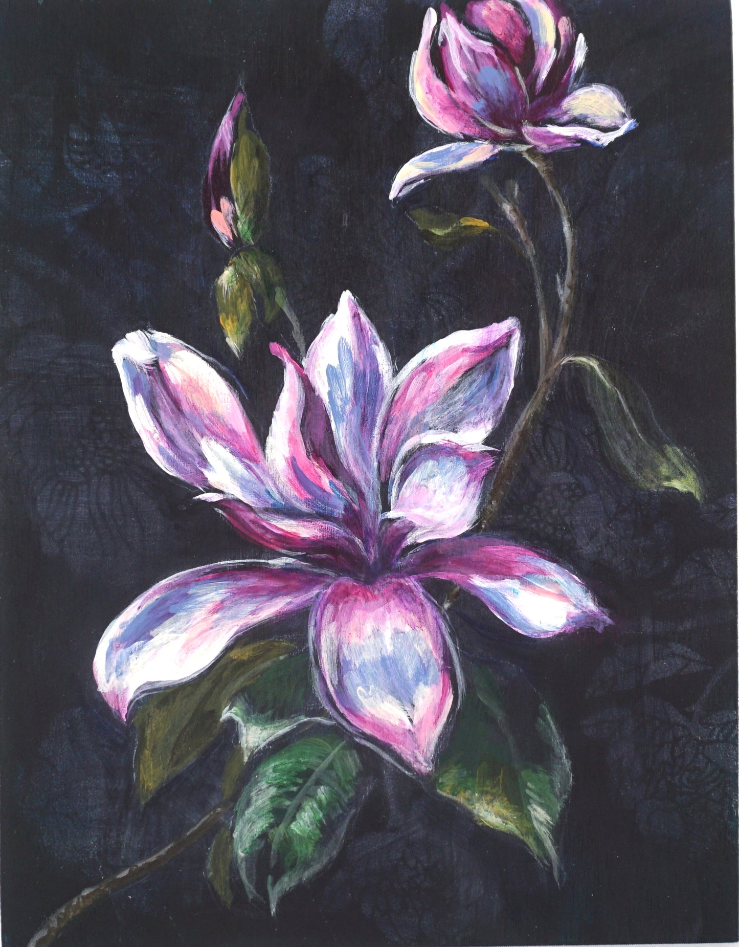MAGNOLIA BRANCH| 7X9 | ORIGINAL ACRYLIC PAINTING AND SPRAY PAINT ON CANVAS | Item number 20-11P