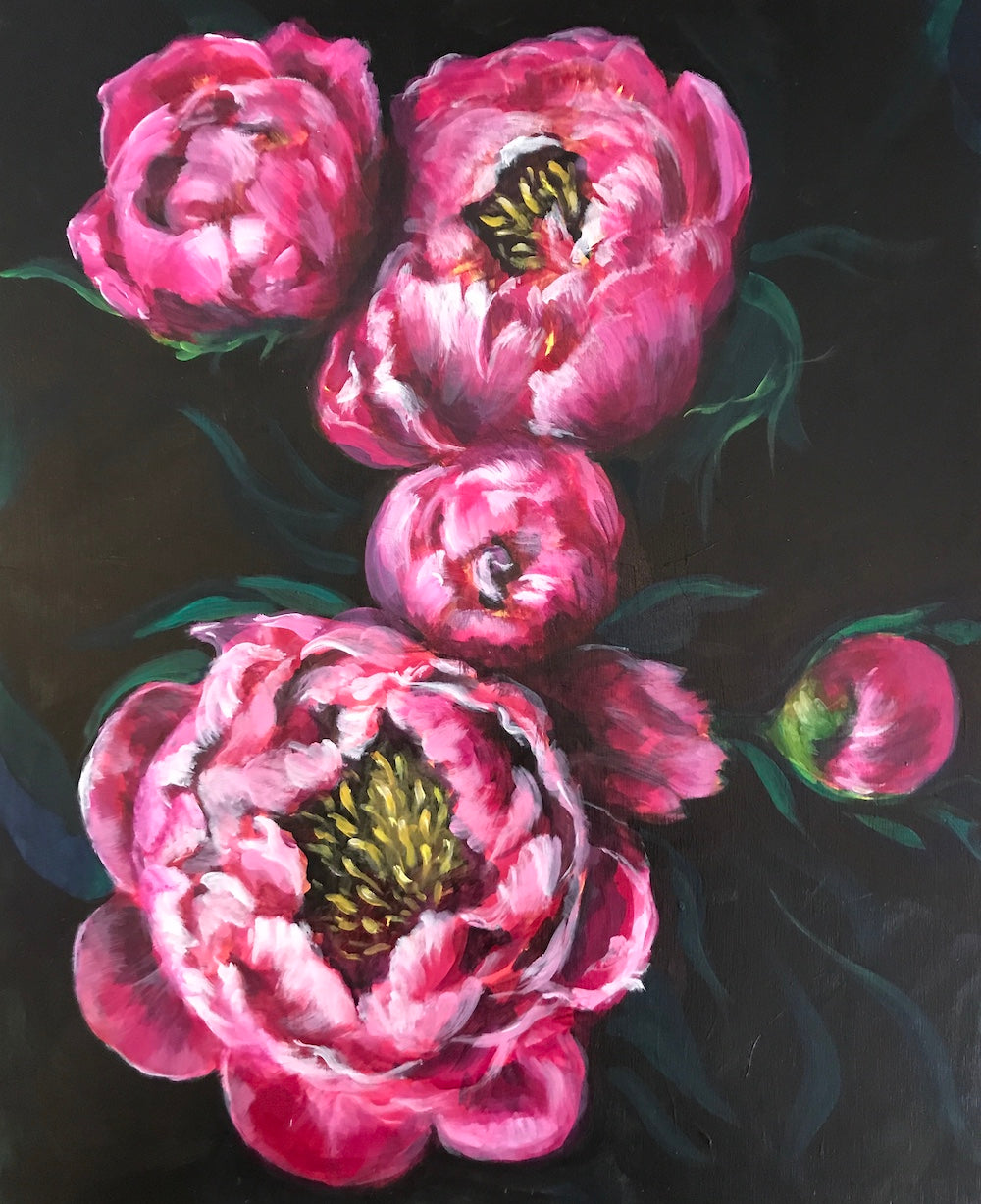 PEONIES BY MOONLIGHT | 16X20 | ORIGINAL ACRYLIC PAINTING ON WOOD | Item number 20-39P
