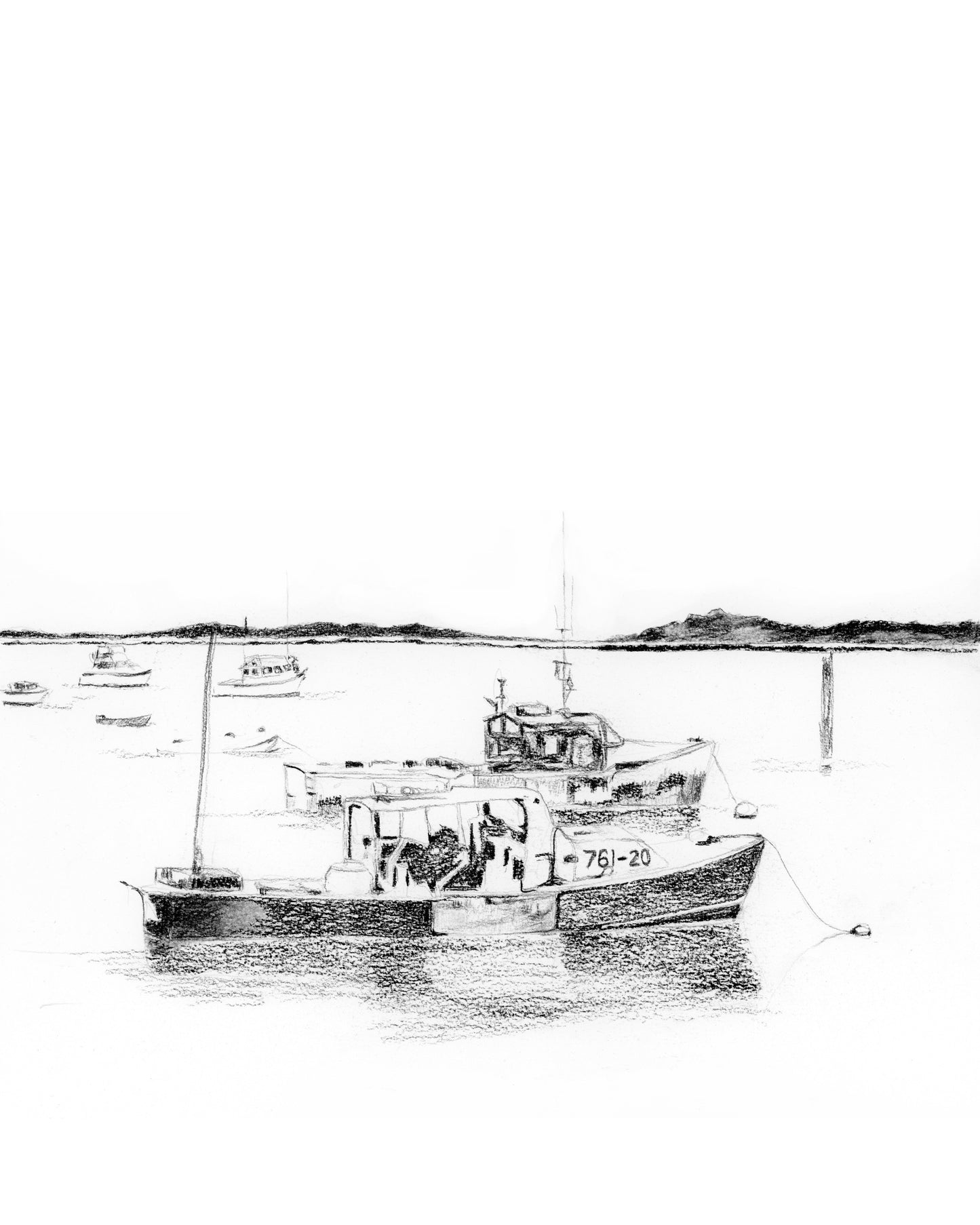 original drawing: charcoal, maritime art, fishing boat, ocean decor.