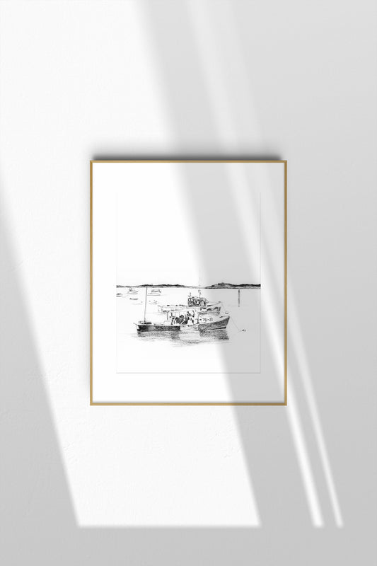 original drawing: charcoal, maritime art, fishing boat, ocean decor.