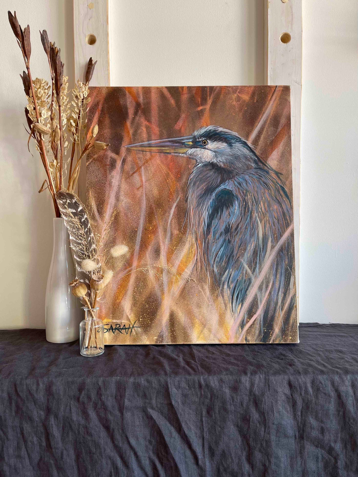 Heron in Fall Foliage | 16x20 | ORIGINAL SPRAY PAINT AND ACRYLIC PAINTING ON CANVAS | 21-72P