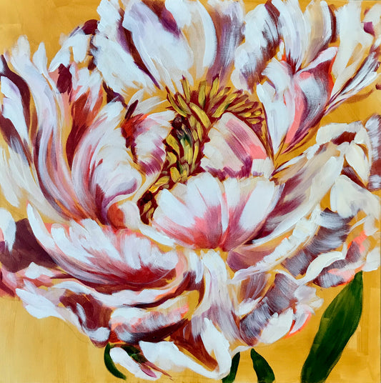 WHITE PEONY ON YELLOW | 24x24 | ORIGINAL ACRYLIC PAINTING ON CANVAS | Item number 10-2P