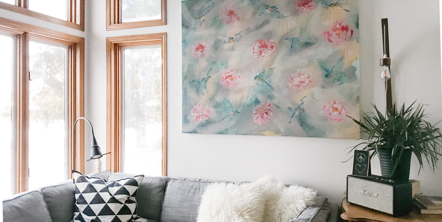 PEONIES AND BLUEBIRDS | 48x60 | ORIGINAL ACRYLIC PAINTING ON CANVAS | Item number 20-2P
