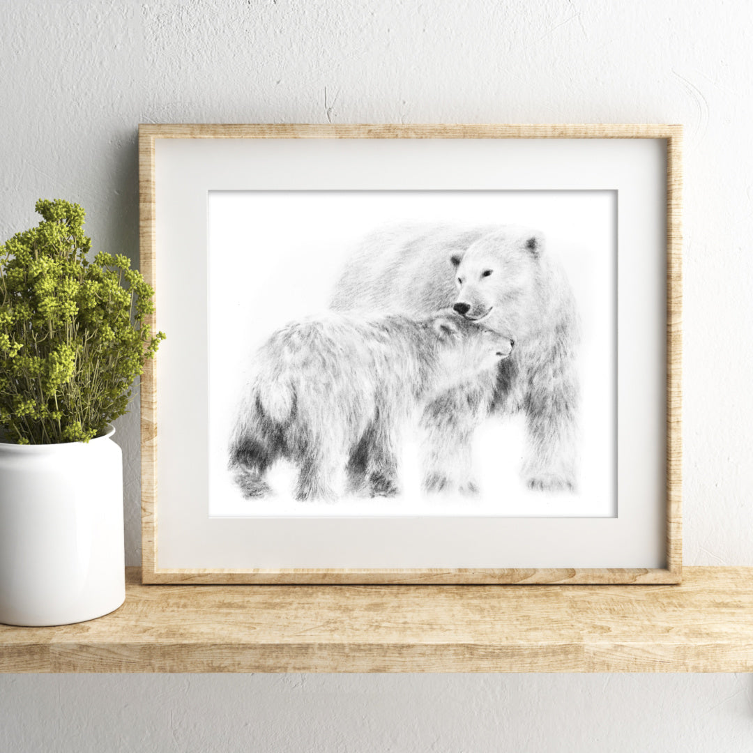 PRINT REPRODUCTION OF "POLAR BEAR AND CUB" CHARCOAL