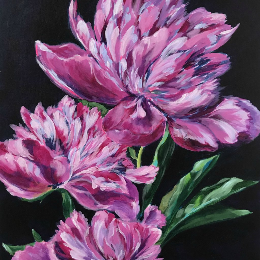 THREE PINK PEONIES 22x28 ORIGINAL ACRYLIC PAINTING ON CANVAS Item number 19 1P