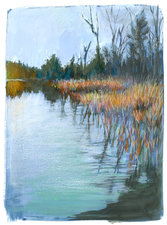 Original Art: small landscape painting of water and marsh.