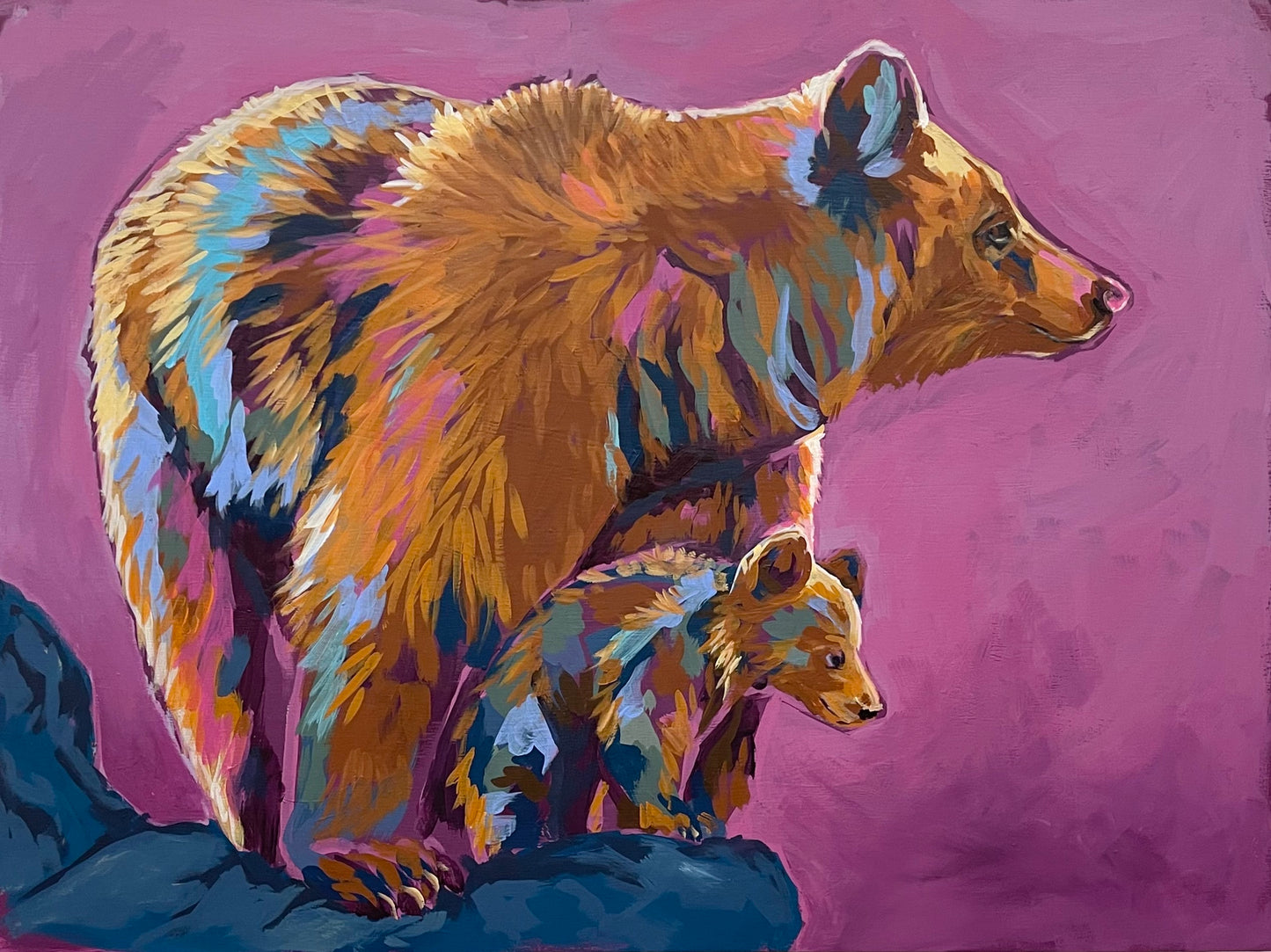 Original Art: abstract animal painting bear and cub.