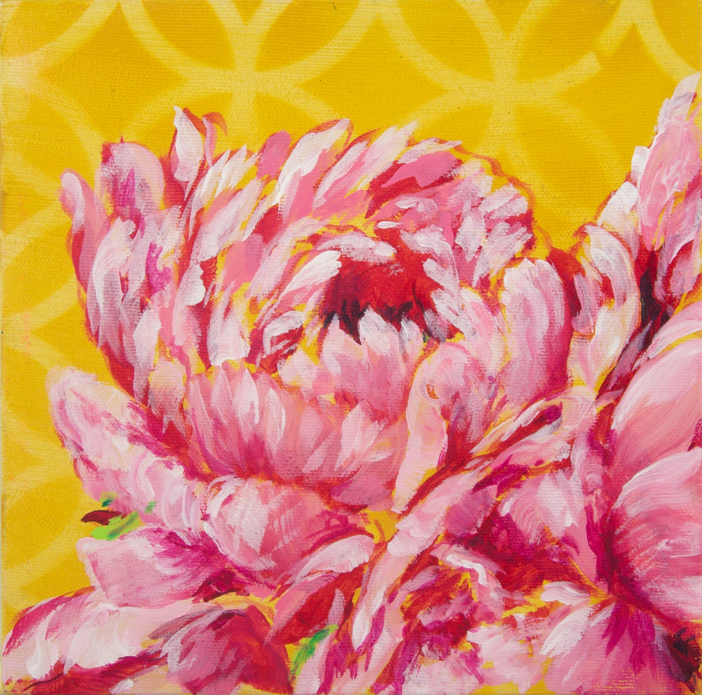 PEONY CLUSTER ON YELLOW | 8x8 | ORIGINAL ACRYLIC PAINTING ON CANVAS | Item number 19-26P