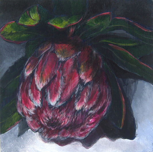 MOODY PROTEA | 5x5 | ORIGINAL ACRYLIC PAINTING ON WOOD | Item number 19-76P