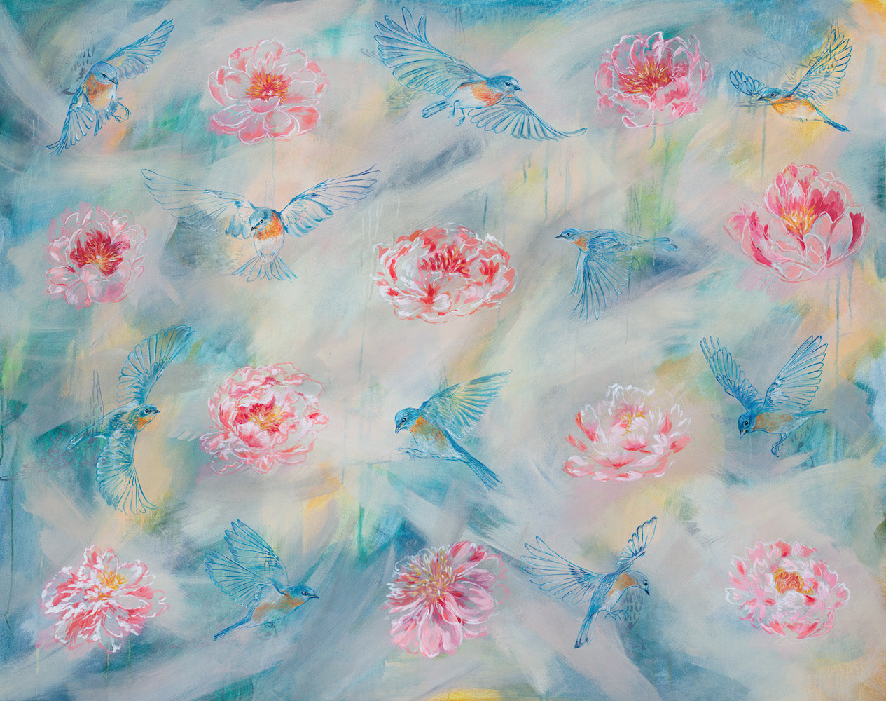 PEONIES AND BLUEBIRDS | 48x60 | ORIGINAL ACRYLIC PAINTING ON CANVAS | Item number 20-2P