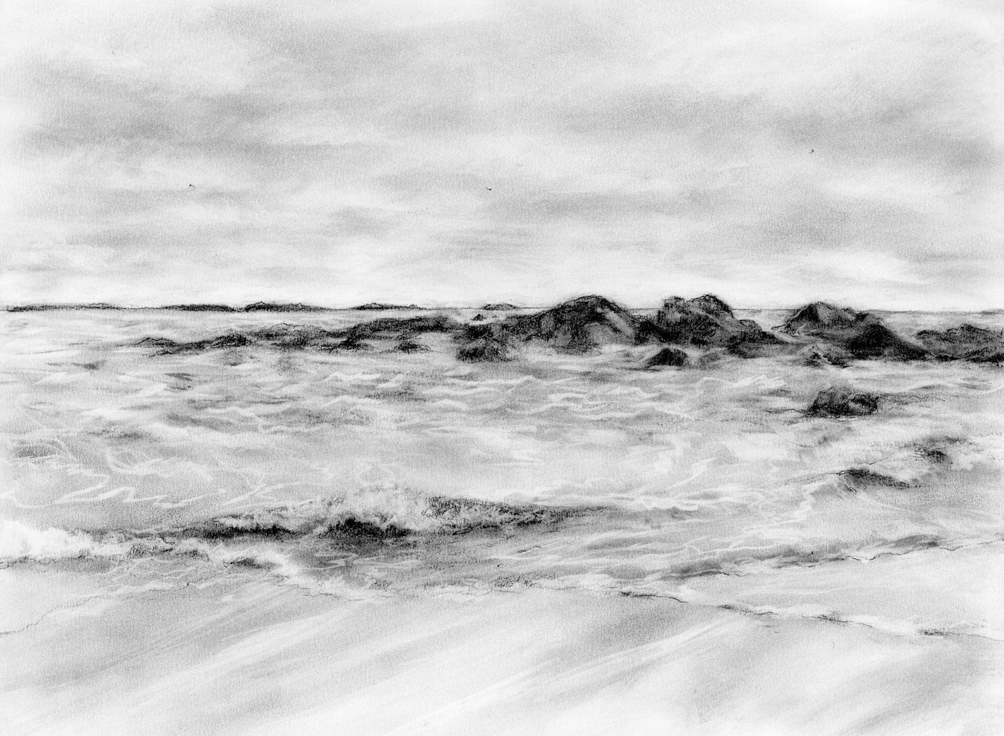 Rocks and Waves| 16x20 | CHARCOAL AND CHALK ON PAPER | 22-58