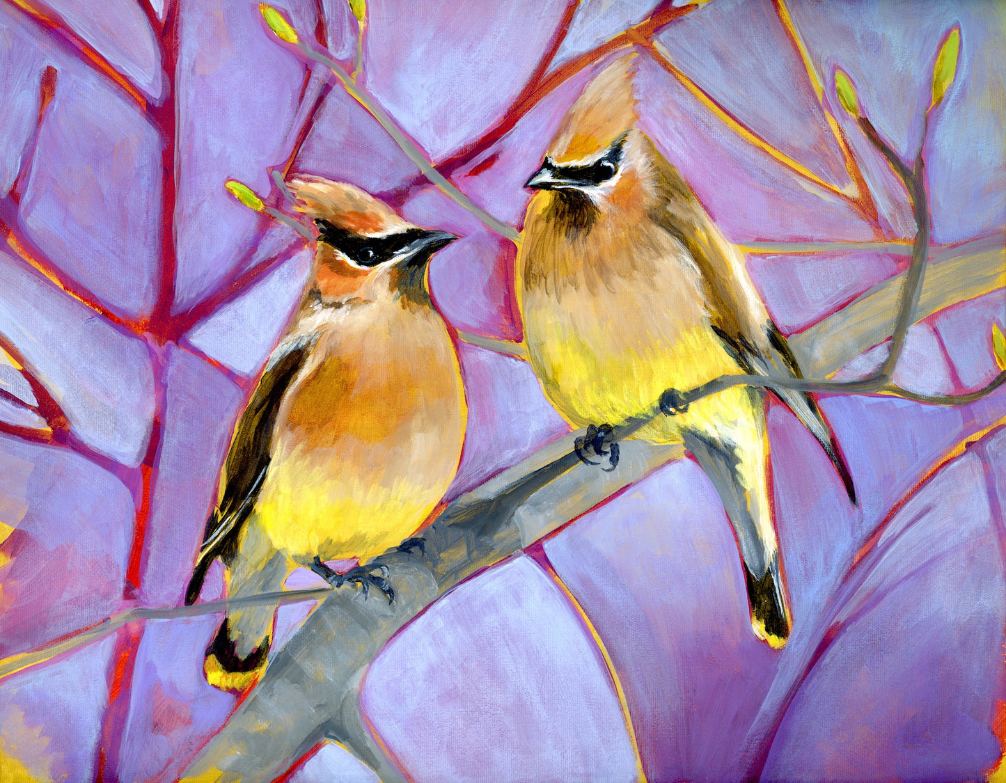 Original painting: bird art, cedar waxwing home decor.