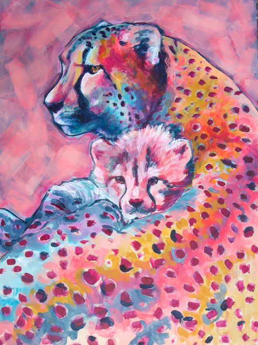 Original painting: Abstract animal art, cheetah and cub, wildlife decor.