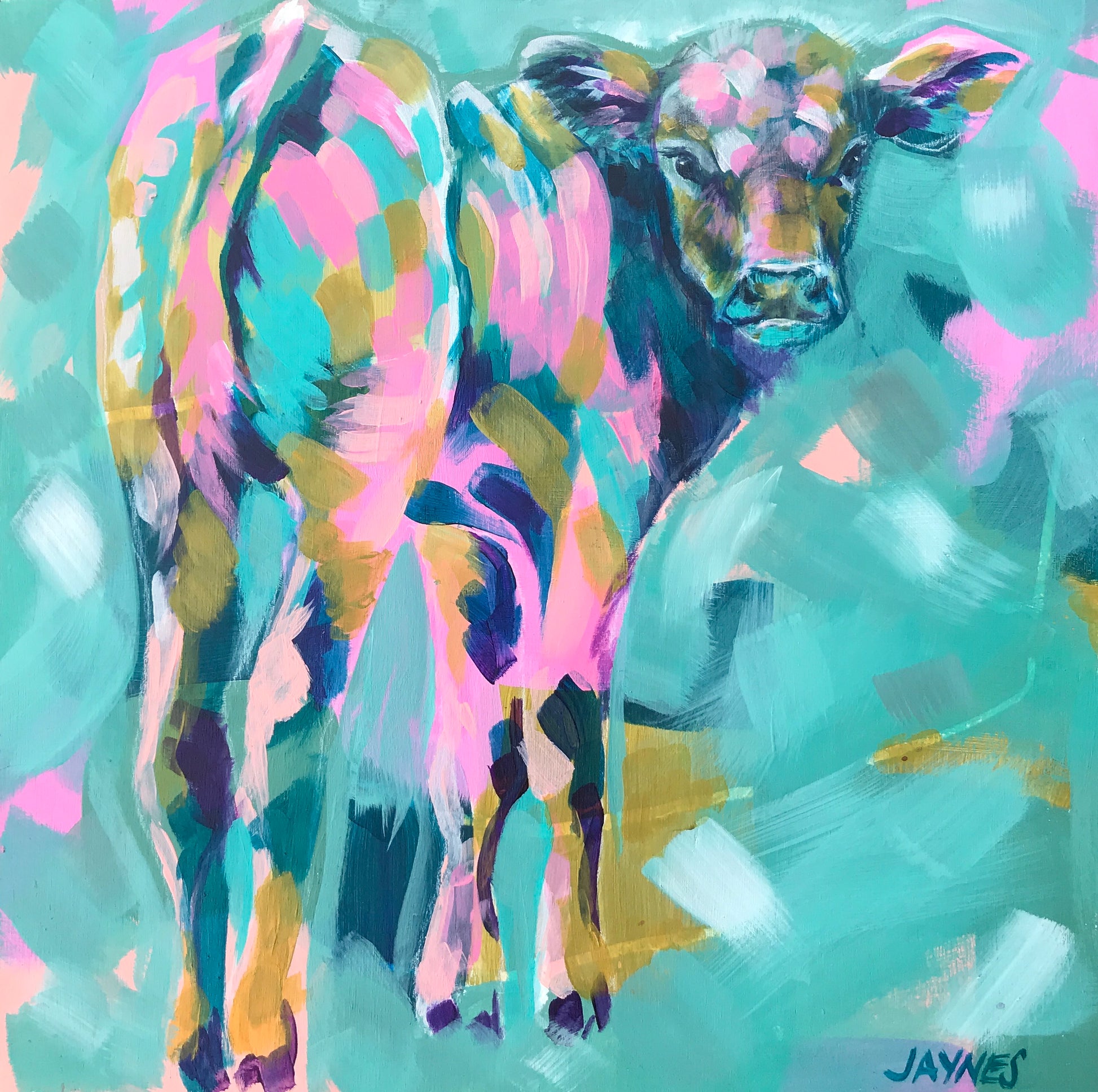 Original painting of baby cow. Abstract calf, farm art, wall decor. 