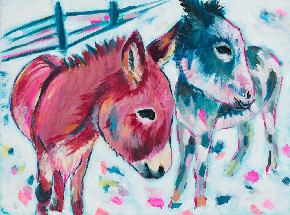 Original painting: Abstract artwork of donkeys. Farm art and country home decor.