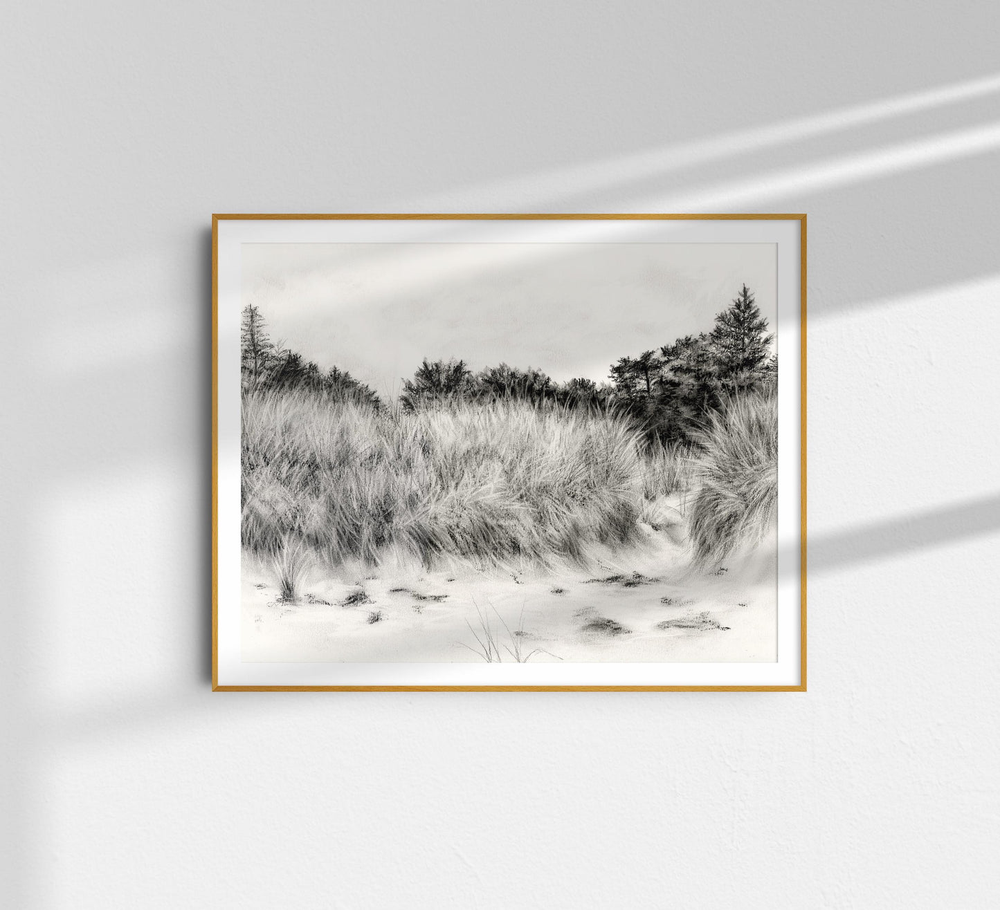 Original Drawing: Charcoal drawing of beach dunes in black and white. Classic coastal home decor. 