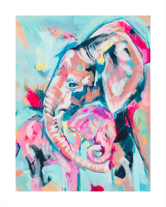 Original art: Abstract acrylic painting of an elephant and her calf. 