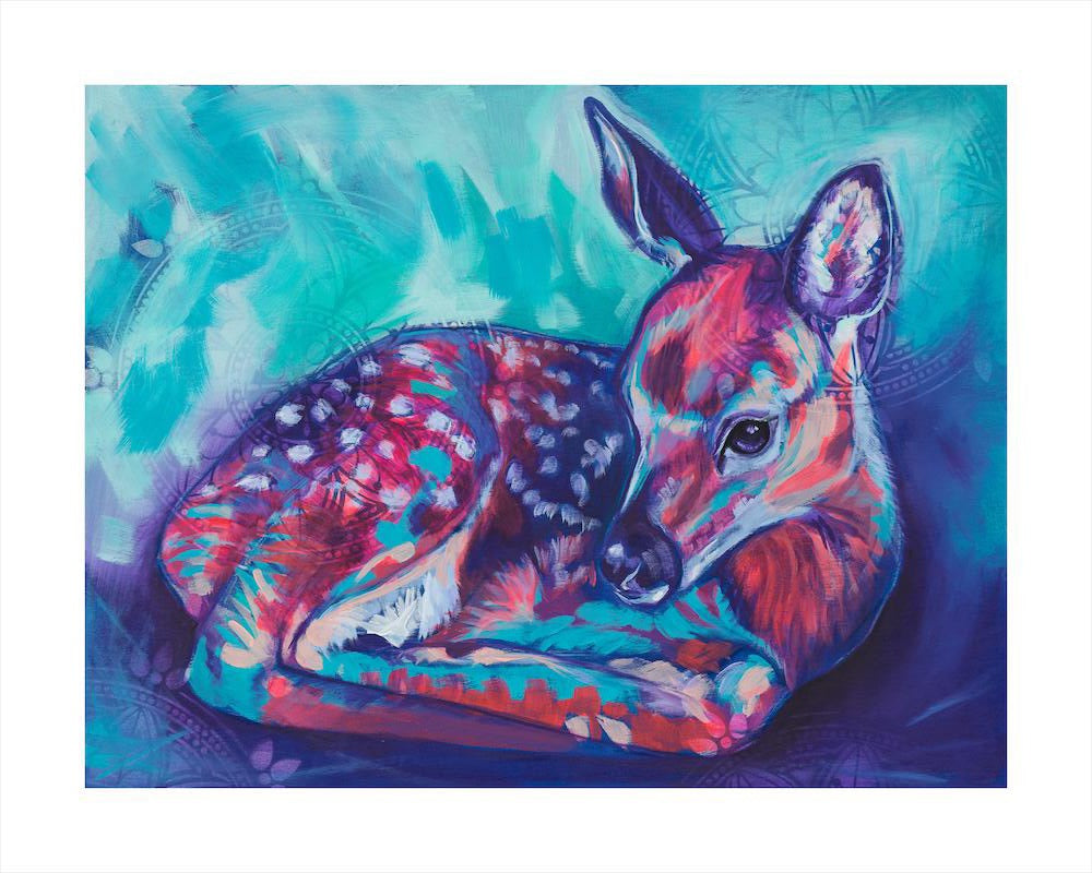 Original abstract painting of a baby fawn lying down. Soft pastels, perfect decor for a nursery. 