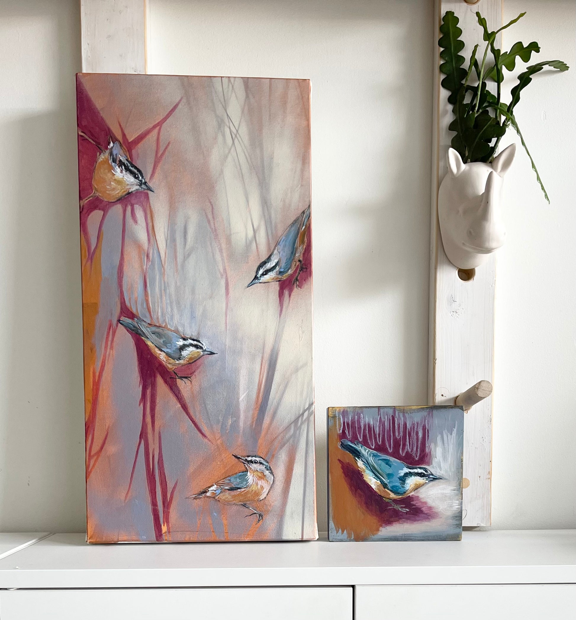 Original painting of four nuthatch birds. Abstract art for the bird lover.