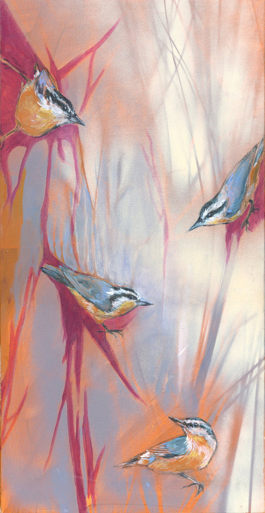 Original painting of four nuthatch birds. Abstract art for the bird lover.